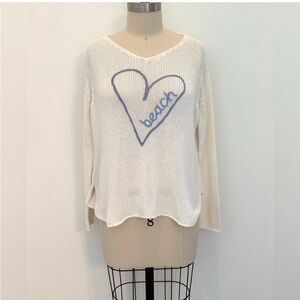 Wooden Ships Graphic ‘beach’ Sweater Blue Cream Soft Cotton Blend V-Neck S/M